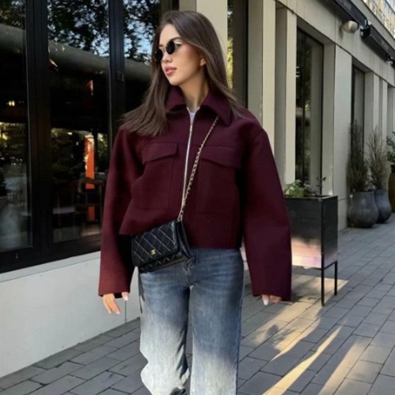 Women's polo-collar coat in wine red, front zipper, two flap chest pockets, long sleeves