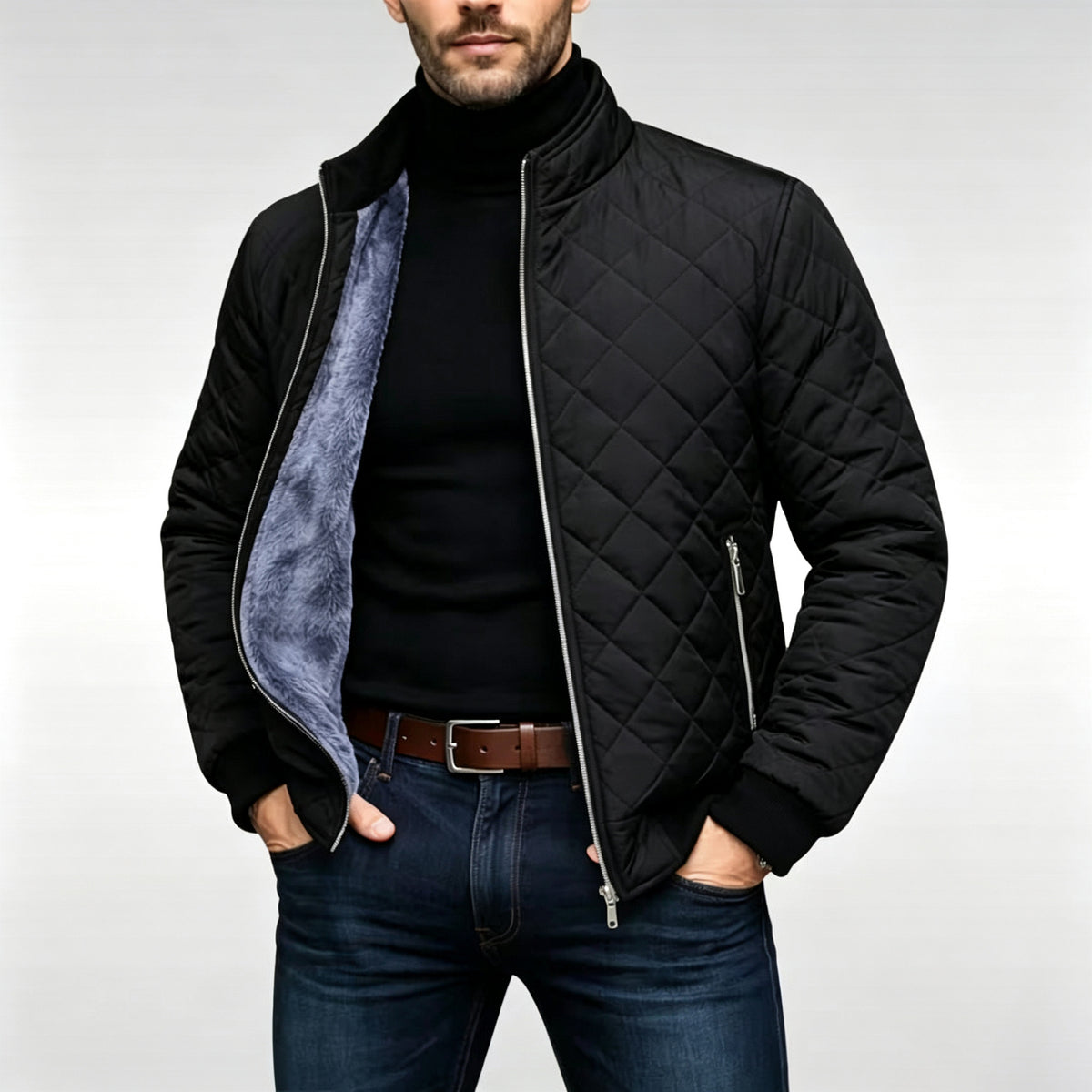 Men's padded cotton jacket, black quilted diamond pattern, zip front, standing view