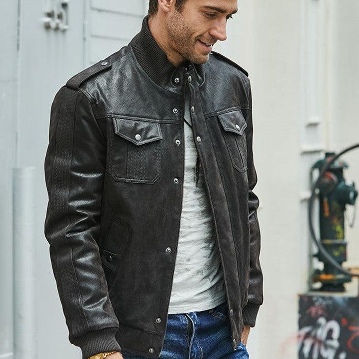 Men's Pigskin Leather Stand Collar Jacket with Pockets