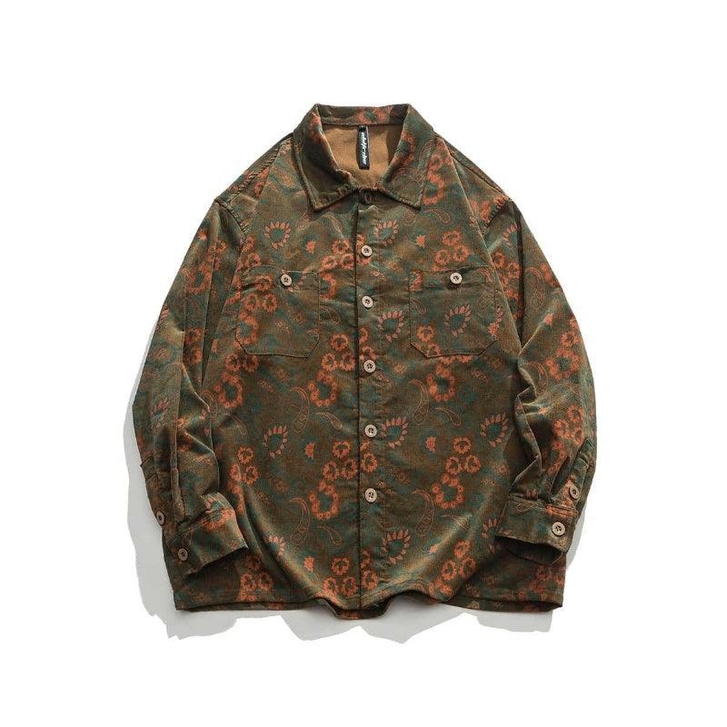 Dark green button-up vintage floral shirt with long sleeves, pointed collar, front placket