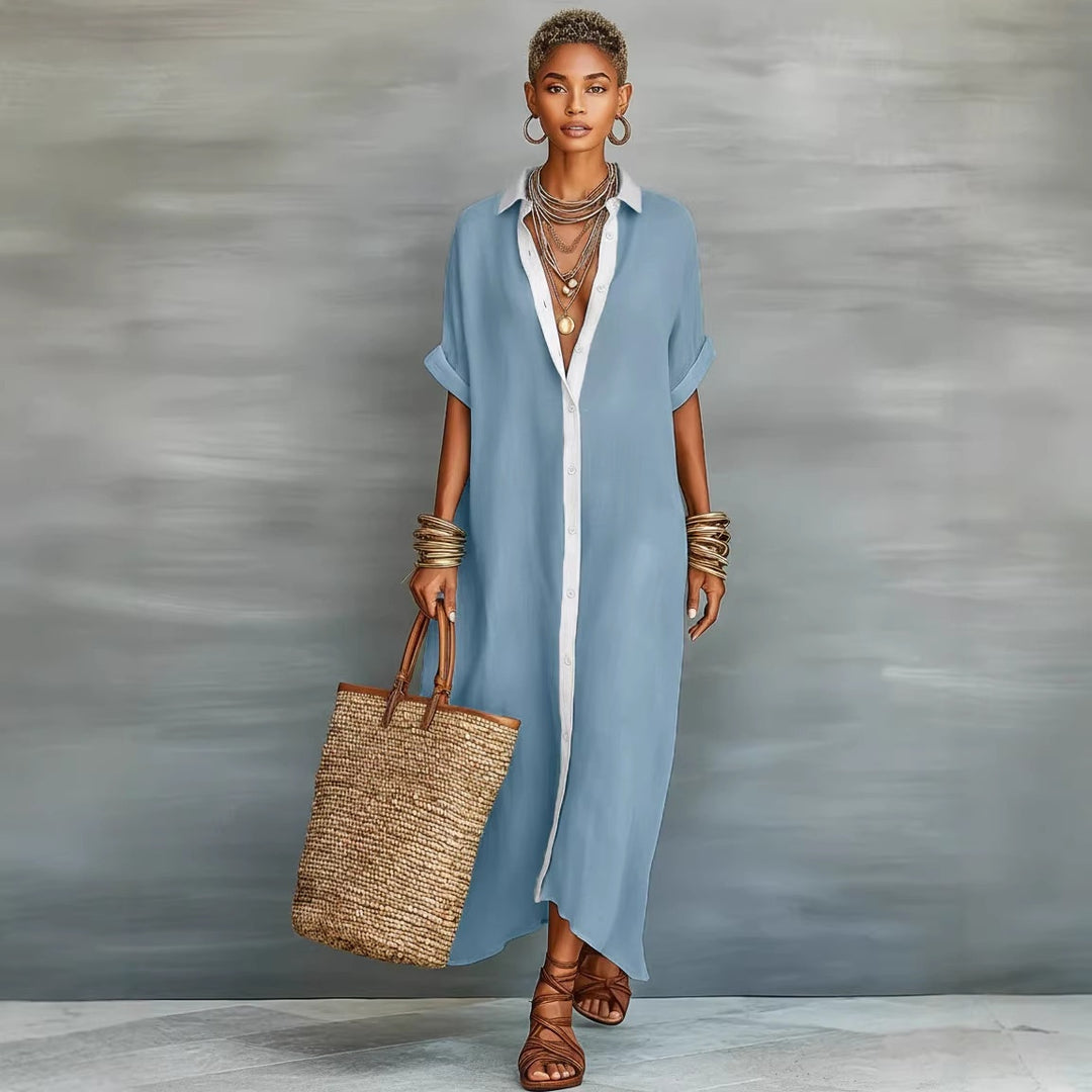 Light blue linen long dress with white contrast collar and button-front placket