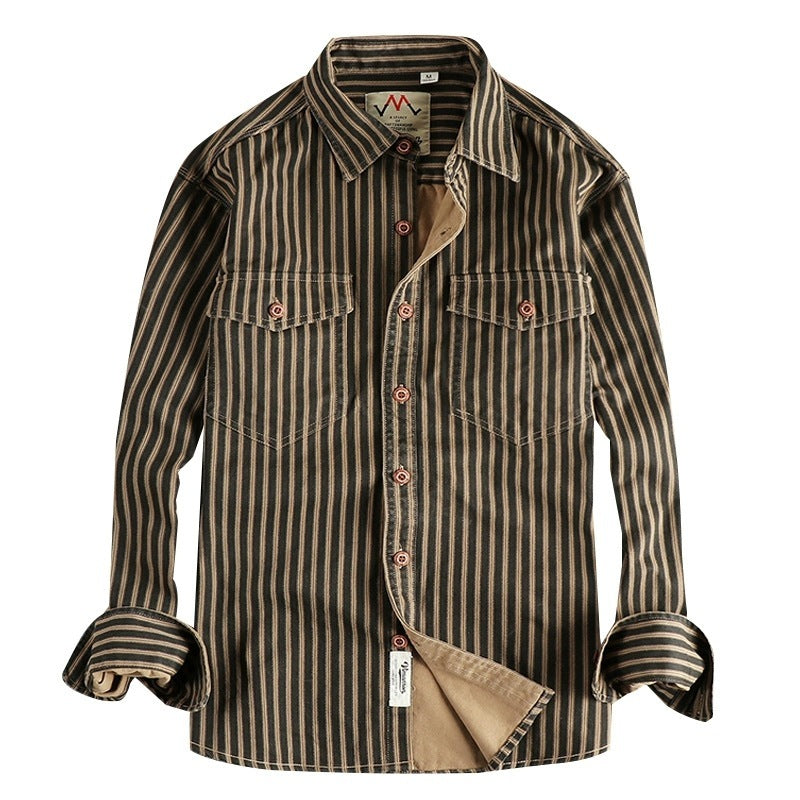 Camisa de manga larga para hombre con rayas de tendencia retro americana, de algodón tejido, lavado, cómodo y casual