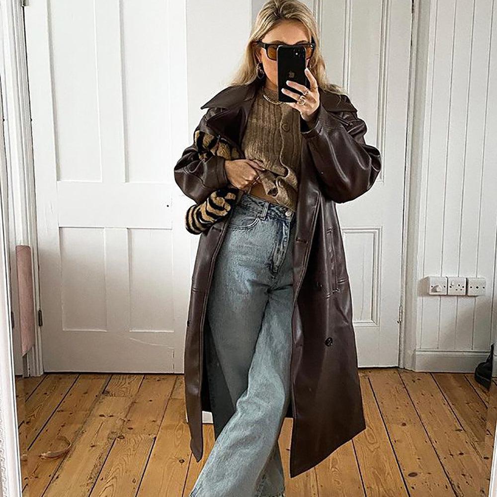 Retro Coat Women's Long Temperament PU Leather Jacket - WOMONA.COM