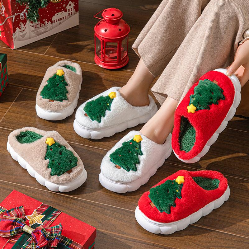 Women’s Christmas tree slippers, beige and red plush uppers with green tree appliques