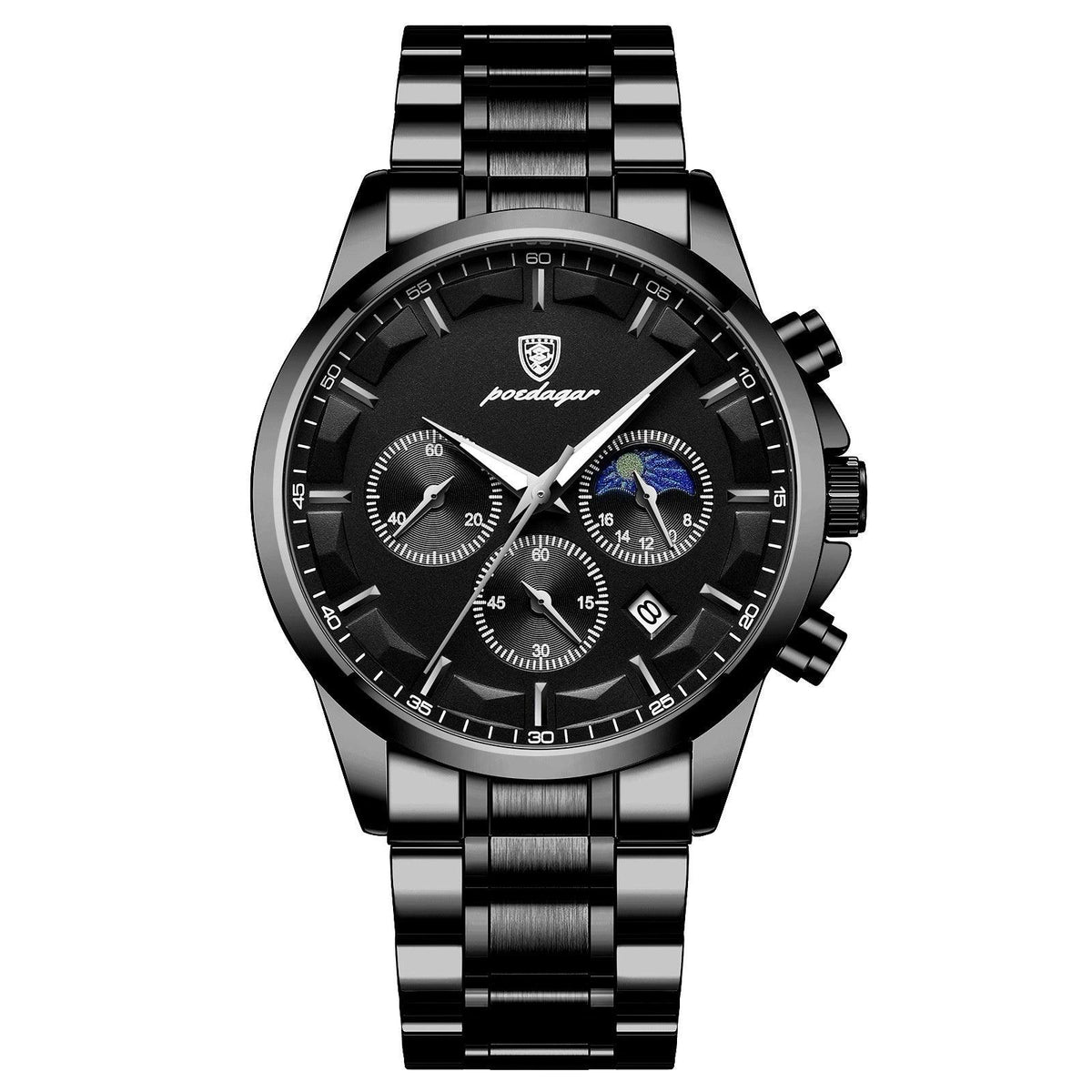 Men's black quartz sports watch with black dial and metal link bracelet