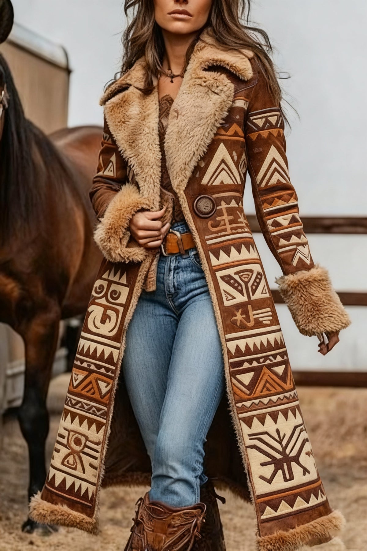 Women's western vintage plush warm jacket, brown geometric print with plush sherpa collar and buttons