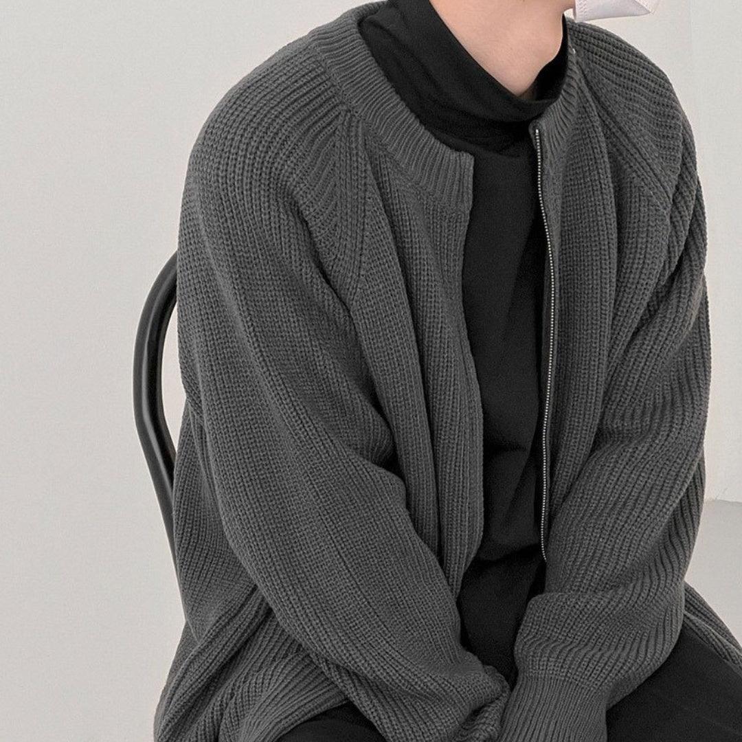 Men's dark gray ribbed knit cardigan with zip front and open collar