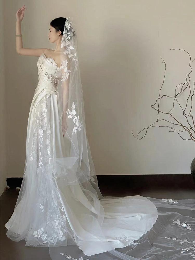 Satin Lace Wedding Veil Tube Top Fishtail Wedding Dress - WOMONA.COM