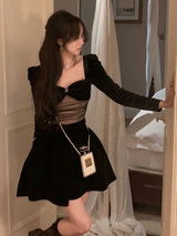 Woman Square-neck Velvet Long Sleeves Short Skirt - WOMONA.COM