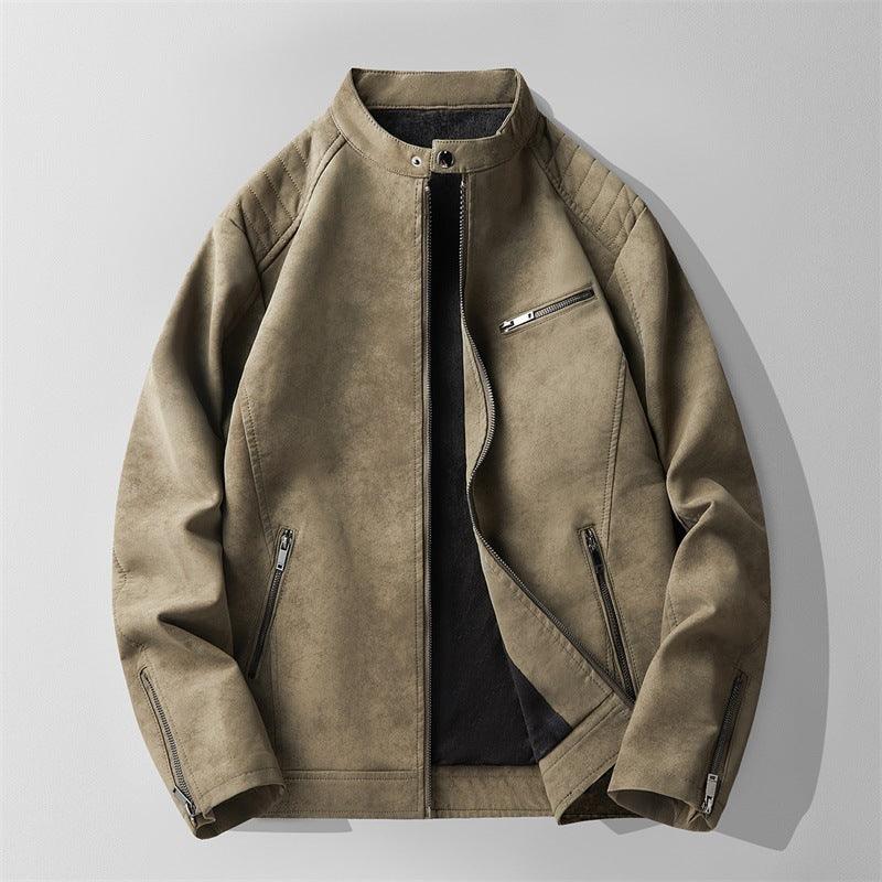 Men's fleece-lined stand collar leather jacket, olive, front zip with chest pocket and zips