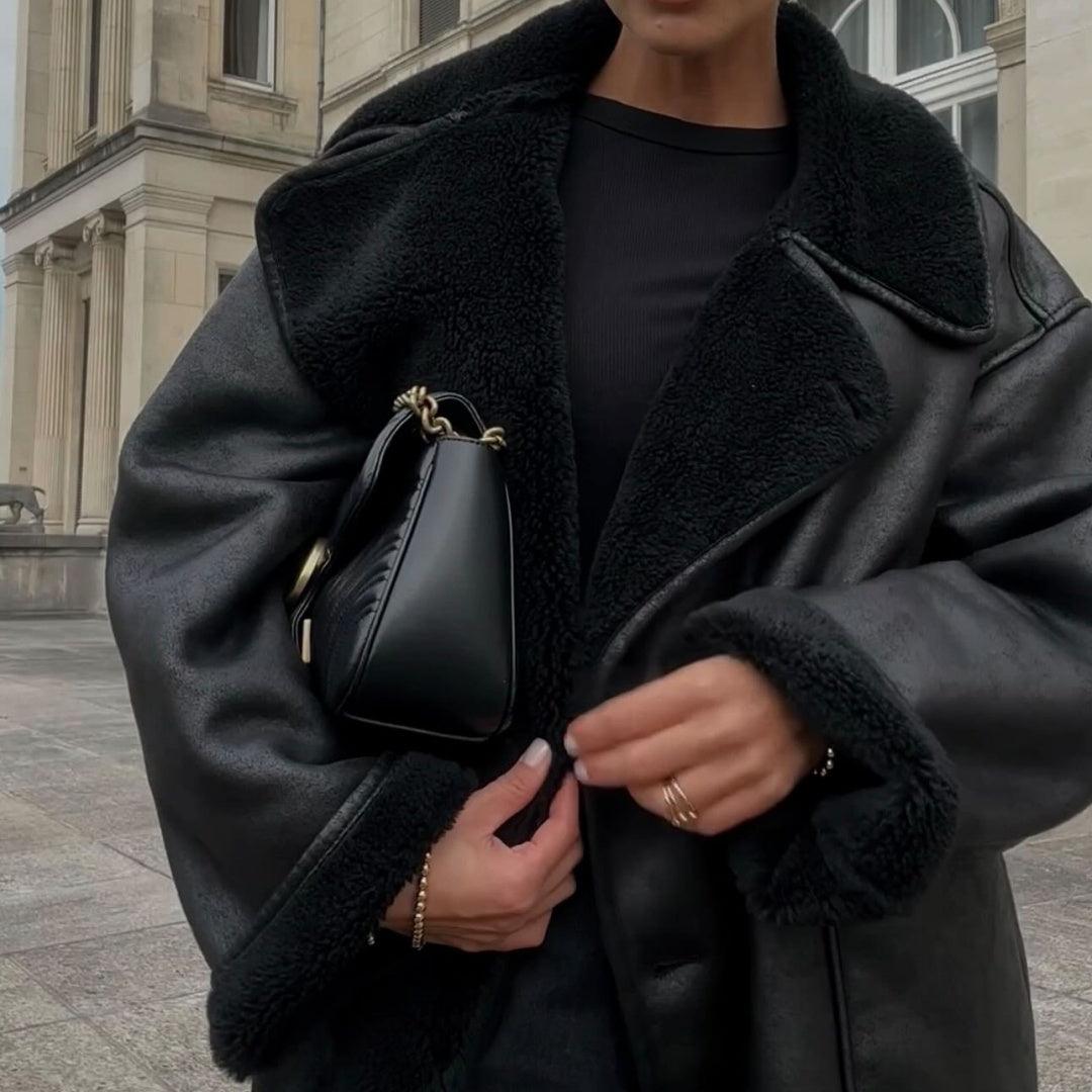 Black faux-fur trim turn-down collar loose coat with front pockets