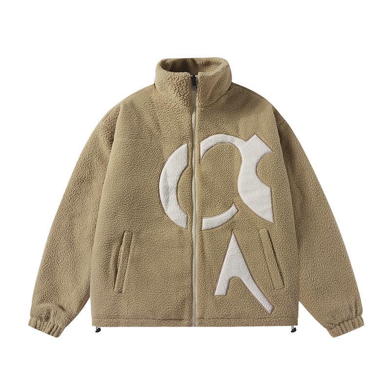 Khaki men's fleece coat with full-zip, high collar, and large white graphic logo