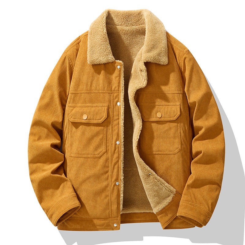 Caramel corduroy jacket with tan sherpa lining, button front, and chest pockets