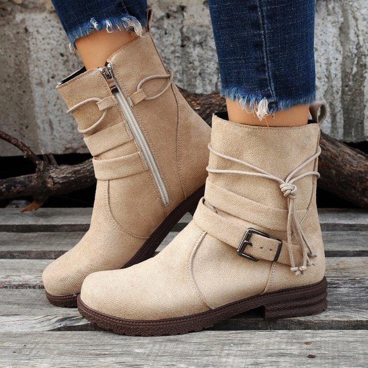 Round Toe Buckle Shoes Casual Retro Boots With Side Zipper Low Heel - WOMONA.COM