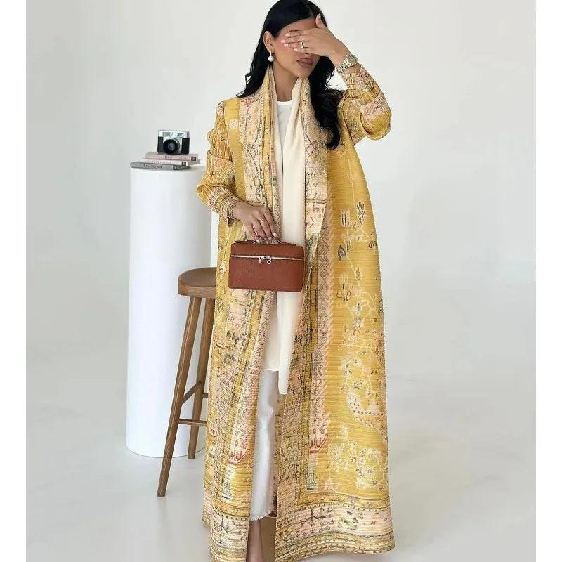 Women’s gold printed long robe cardigan with shawl collar, open front and cuffs