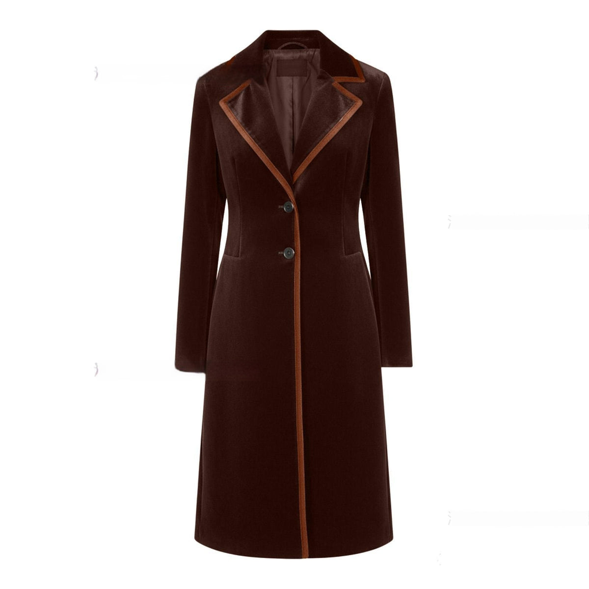 Women’s velvet long coat in brown, V-lapel design with contrast trim, single-breasted buttons