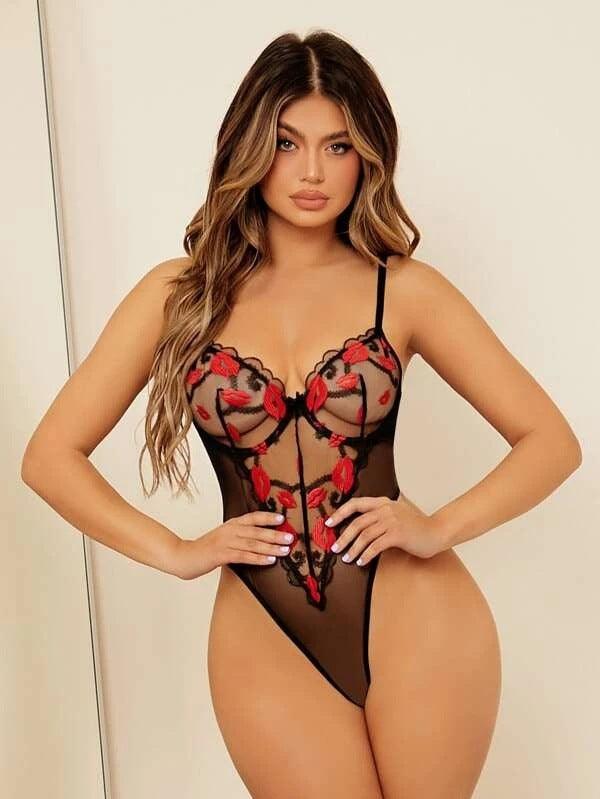 Black mesh lingerie one-piece with red lip embroidery, underwire cups, lace details