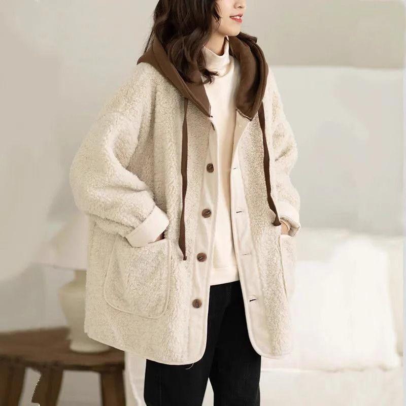Fleece-lined hooded short jacket, white with brown inner hood and button front pockets