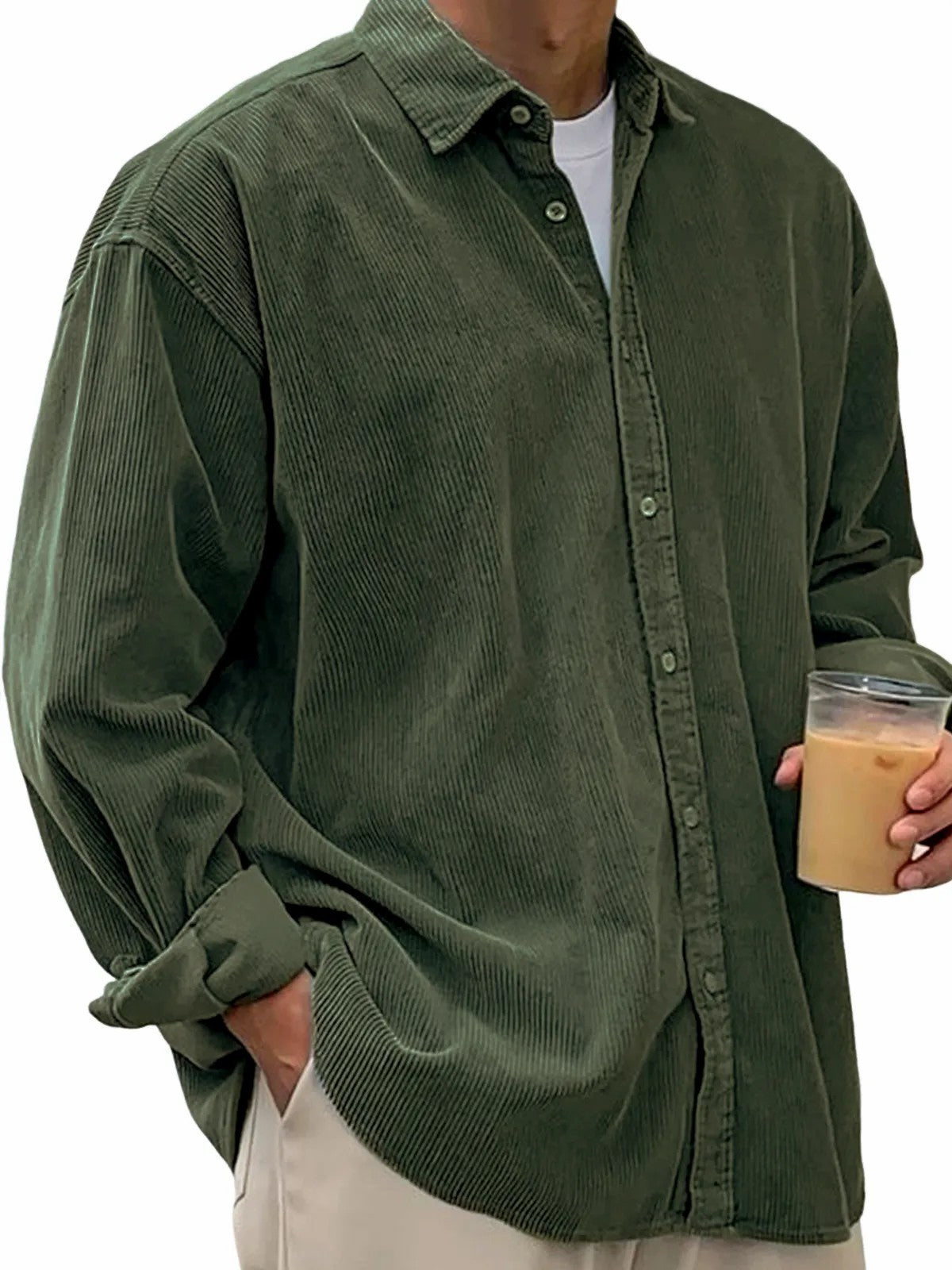 Men's corduroy lapel button shirt in army green, loose fit, long sleeves