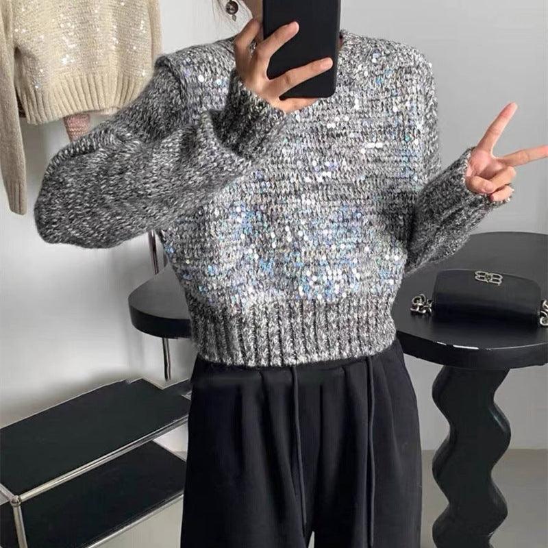 Korean Style O-neck Short Pullover Sequined Sweater - WOMONA.COM