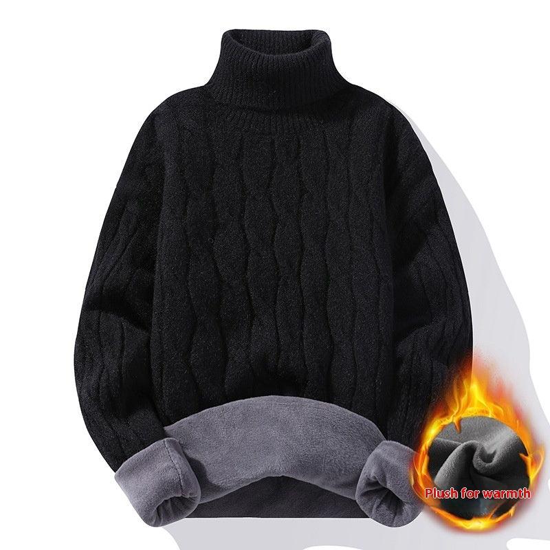 Black cable-knit high-neck thermal sweater with gray fleece lining at cuffs and hem