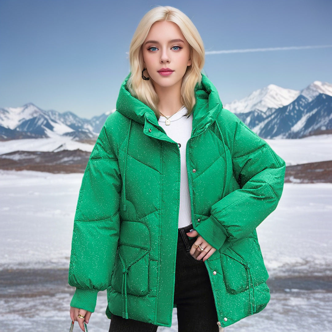 Green hooded puffer jacket with front zipper and snap placket