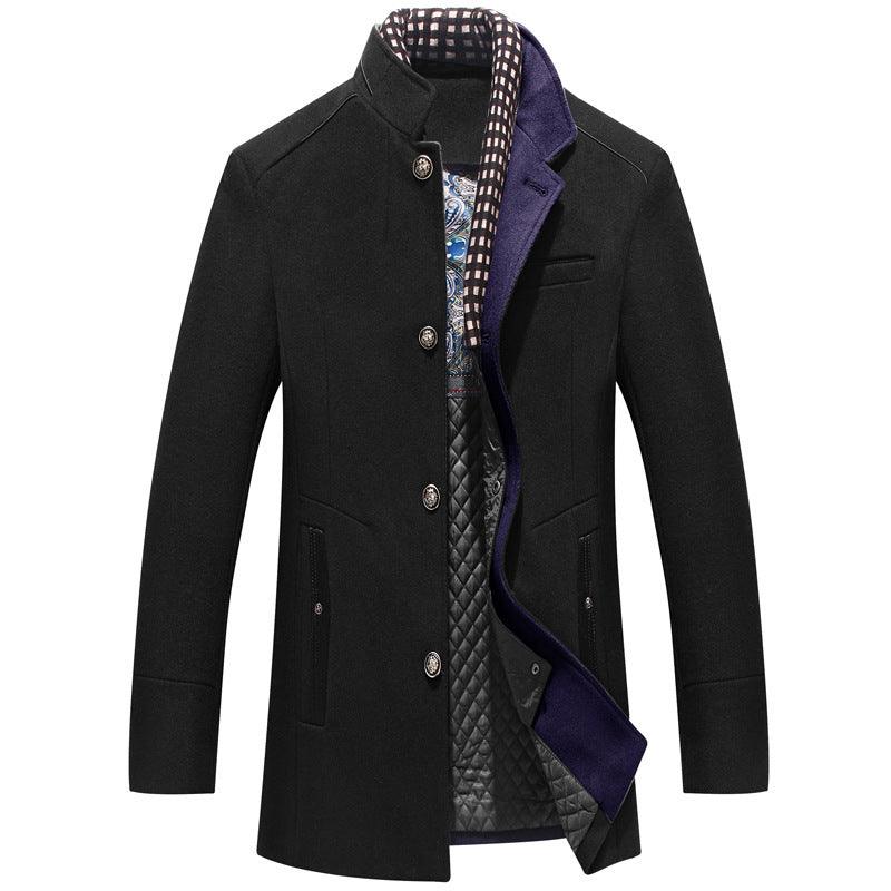 Black wool coat with button front, plaid scarf collar, dark blue inner panel, quilted lining
