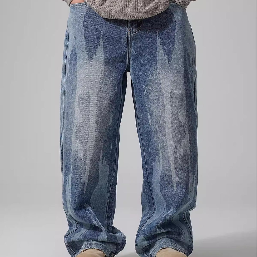 Men's stone-washed relaxed straight-leg jeans