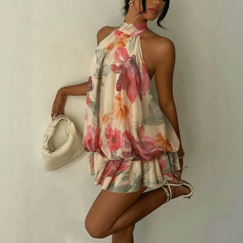 Watercolor Floral Halter Ruffle Mini Dress — floral halter dress with ruffled hem
