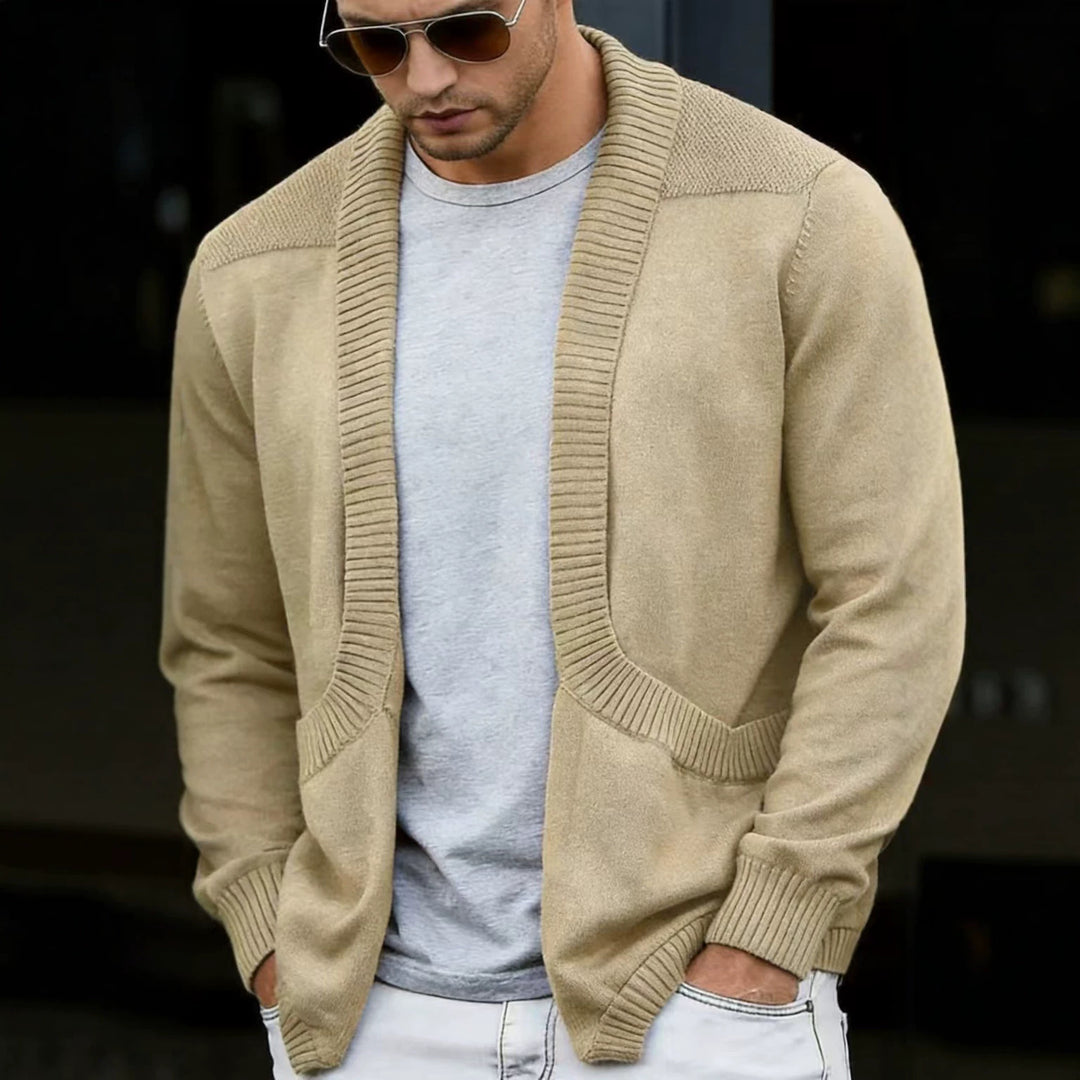 Men's knit shawl-neck cardigan, beige with ribbed pockets and cuffs