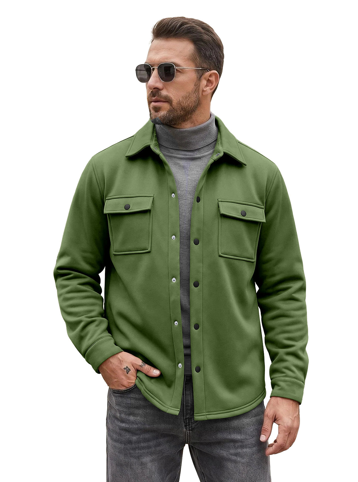 Men's green button-up jacket with flap chest pockets and long sleeves