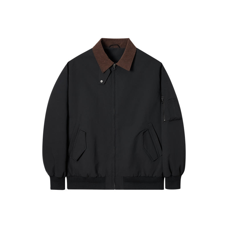 Teflon-repellent lapel jacket in black, brown collar, full zip front, flap chest pockets