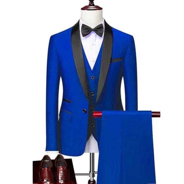 Men’s 3-piece wedding suit set in royal blue with black lapels, bow tie, and waistcoat