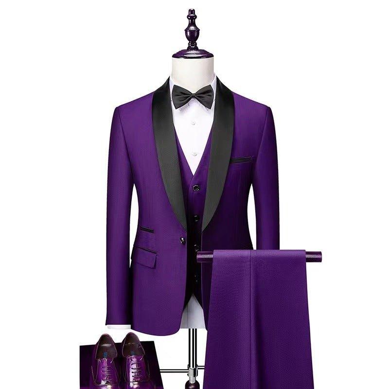 Men’s 3-piece wedding suit set in purple with black lapels, black bow tie, and waistcoat