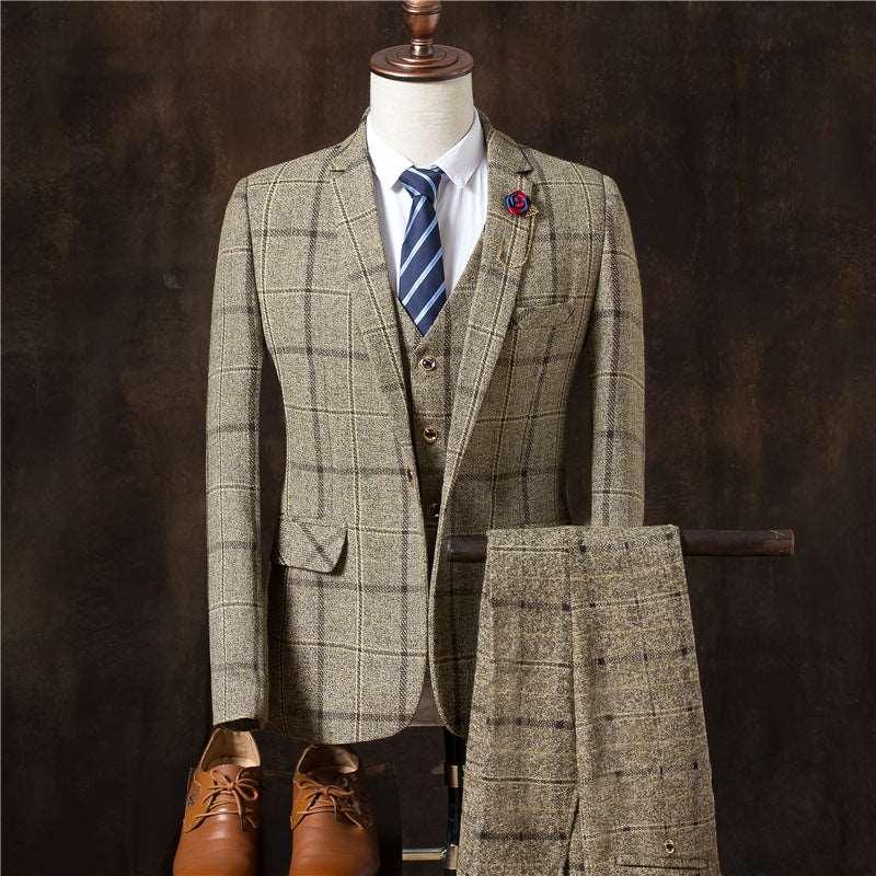 Men's khaki check 3-piece suit set with striped tie, vest, and matching trousers.
