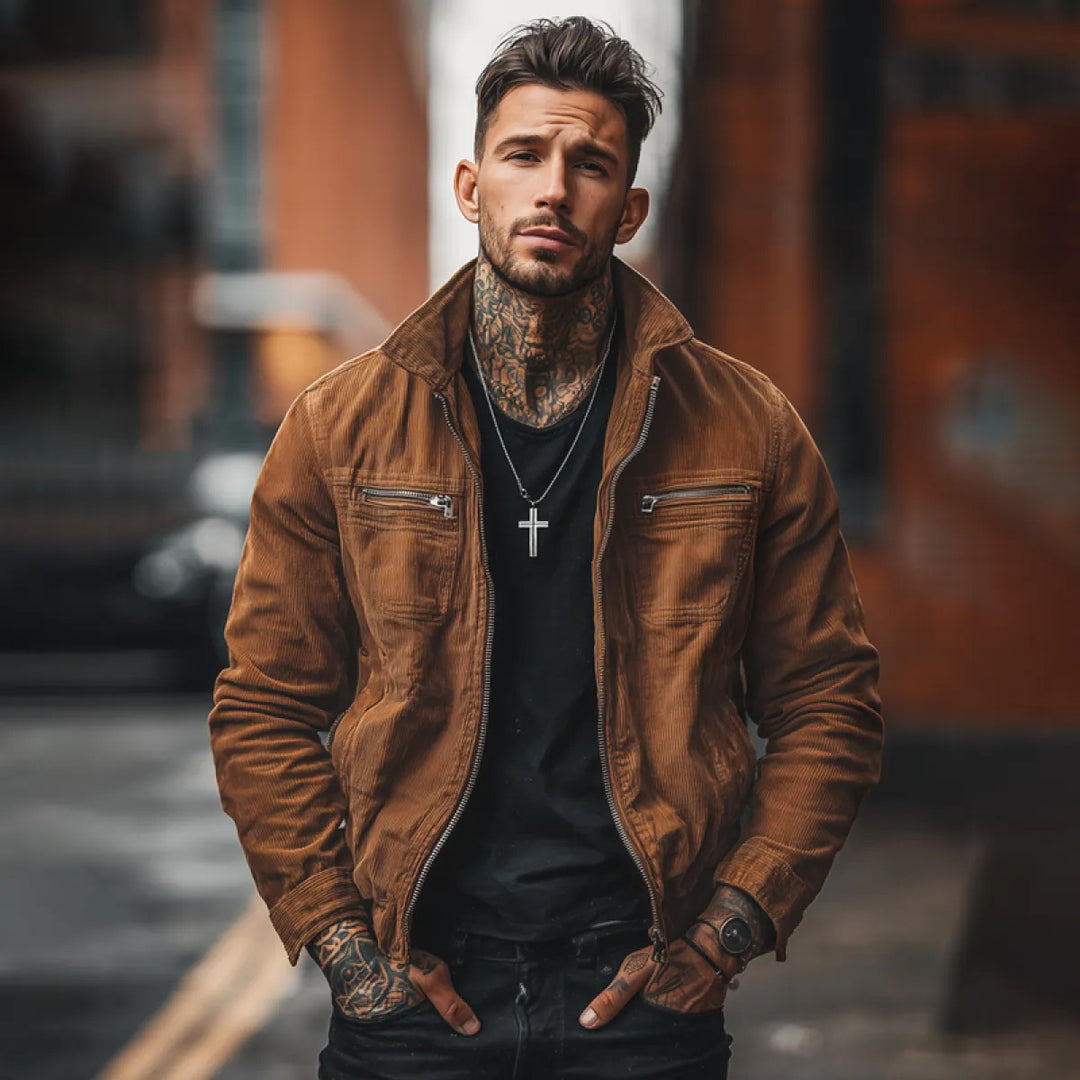 Men's retro canvas jacket, brown, stand collar, zip chest pockets and side pockets