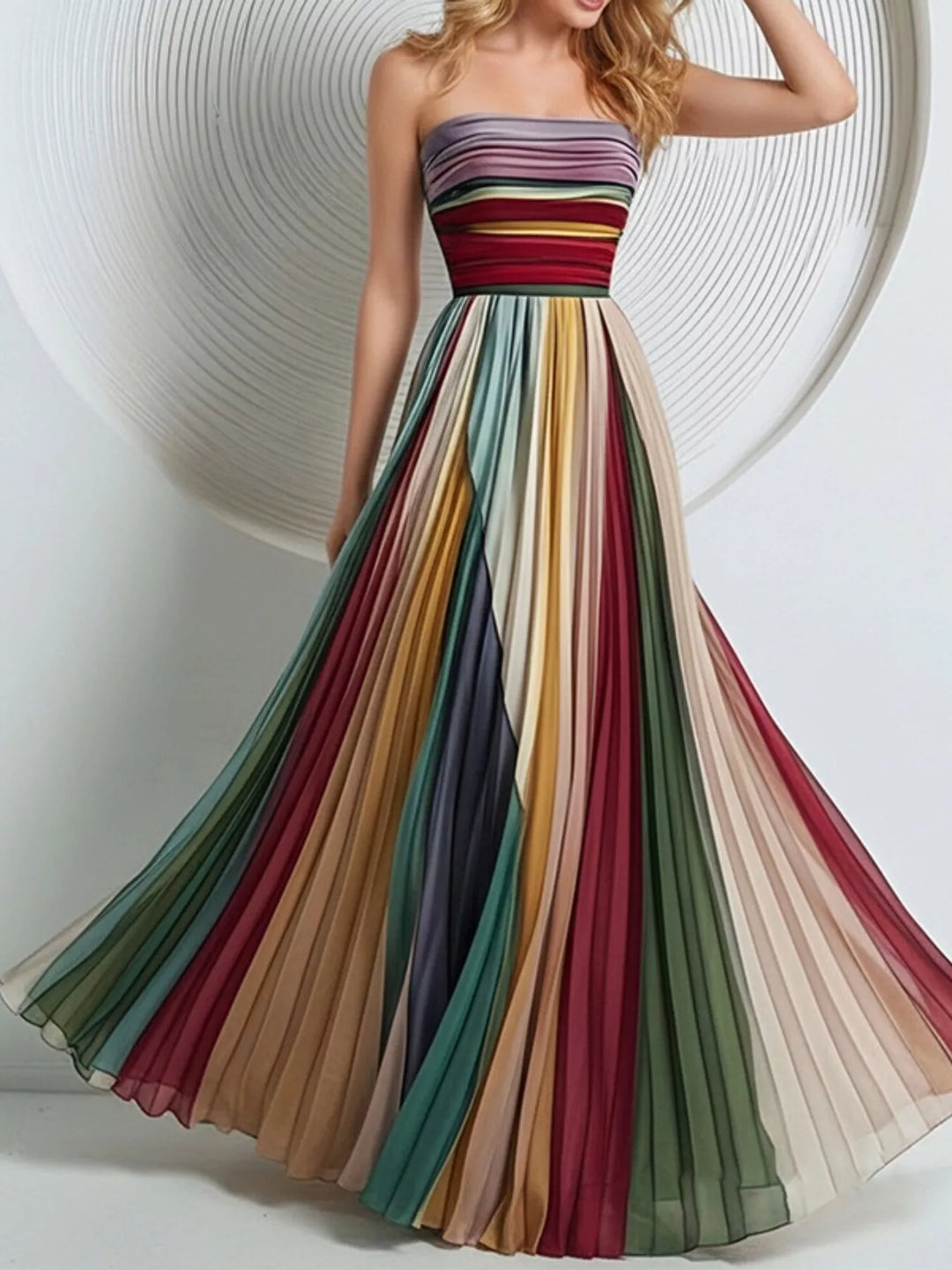 Women's Striped Pleated Tube Maxi Dress