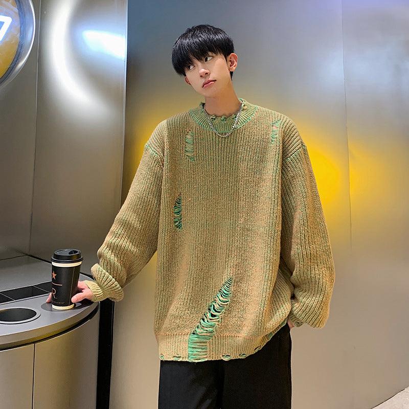 Ripped Round Neck Sweater Men Loose Street - WOMONA.COM