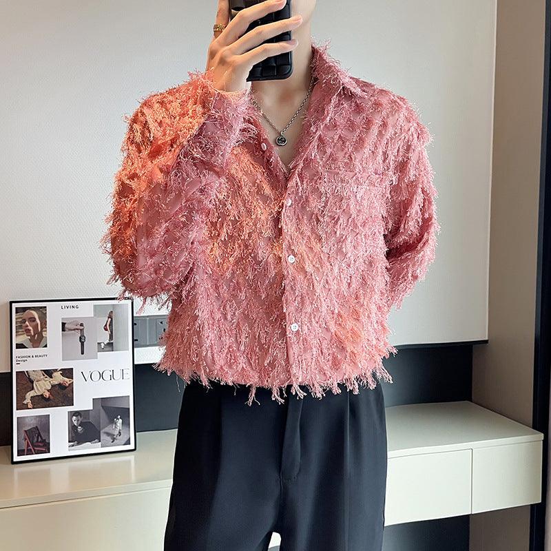 Men's long sleeve shirt coat in mauve-pink, button front, point collar, fuzzy texture