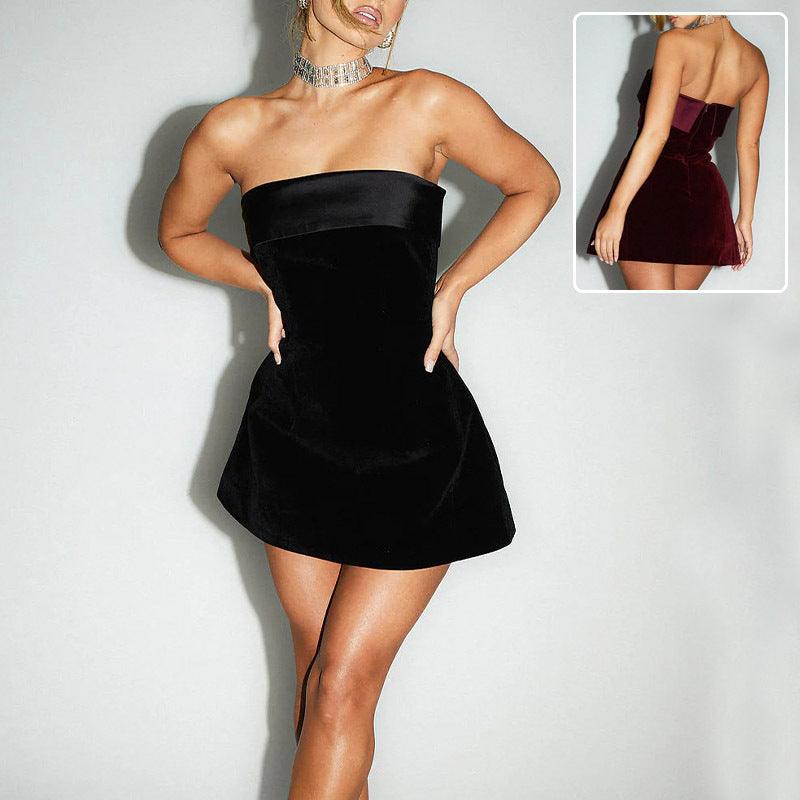 Black strapless tube-top mini dress with fitted bodice and flared skirt