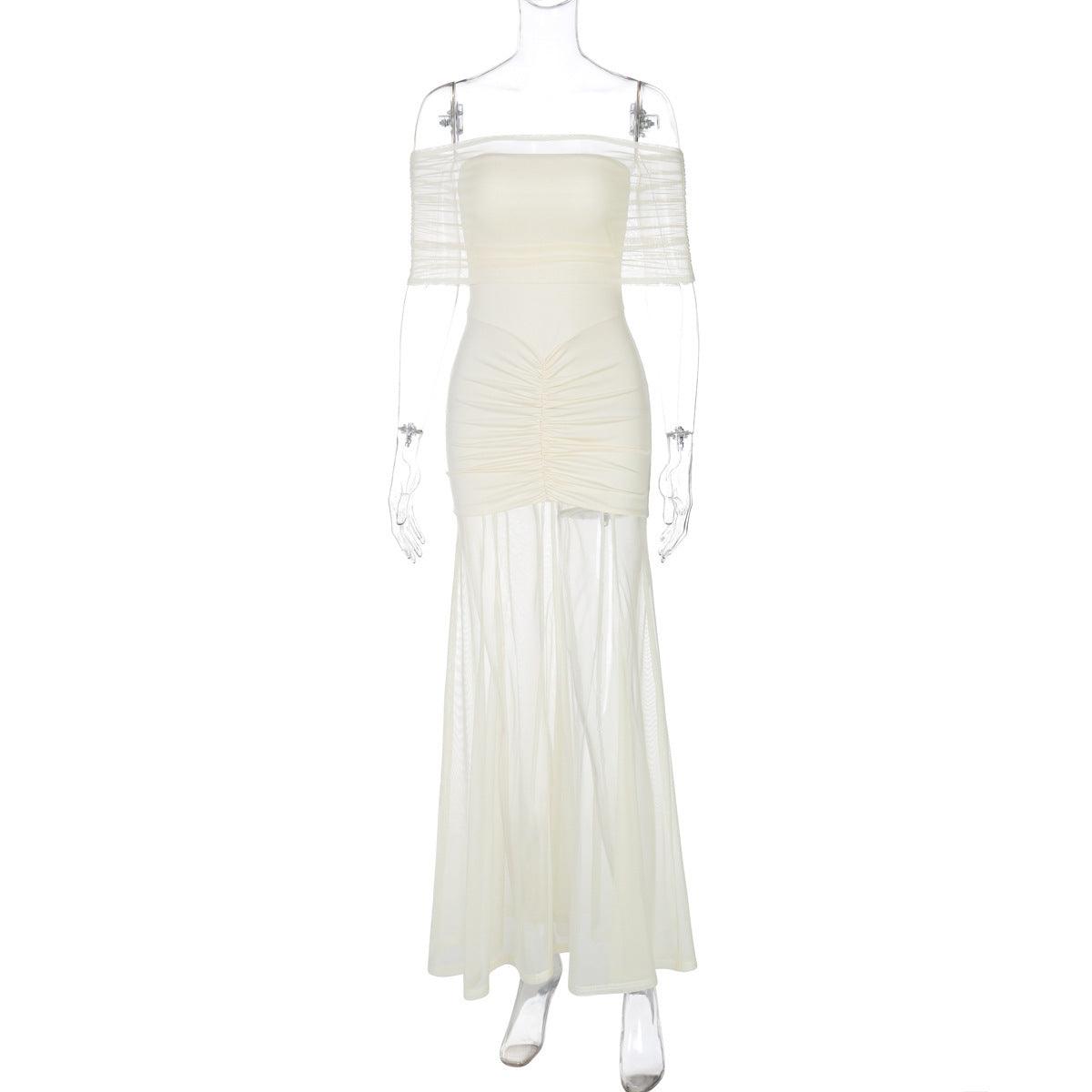 Cream off-shoulder pleated mesh dress on hanger with maxi silhouette