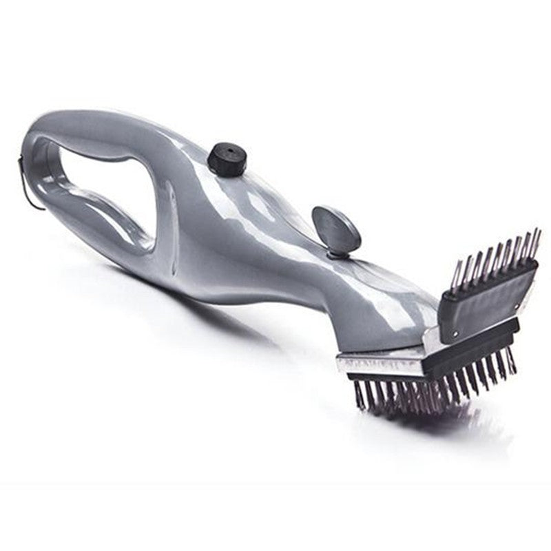 BBQ cleaning brush with two bristle heads and gray ergonomic handle, angled view