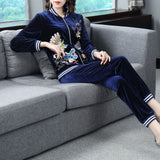 Ladies Aviary Embroidered Leisure Velvet Suit - WOMONA.COM