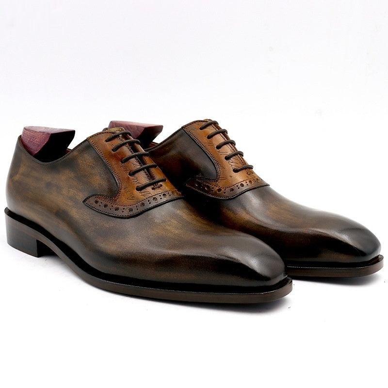 Men's lace-up dress shoes, olive-brown leather with contrasting laces and wingtip brogue