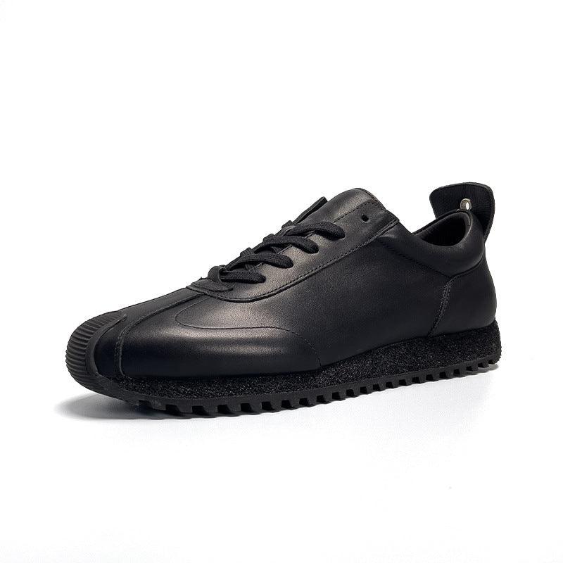 Black leather lace-up casual sneaker, front three-quarter view