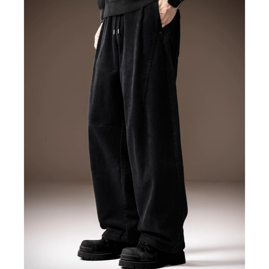 Black flannel straight-leg trousers with drawstring waist and side seams