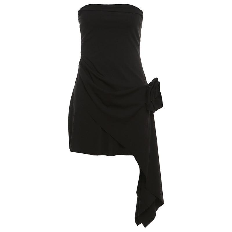 Black strapless tube mini dress with side rosette and long cascading backless-style drape