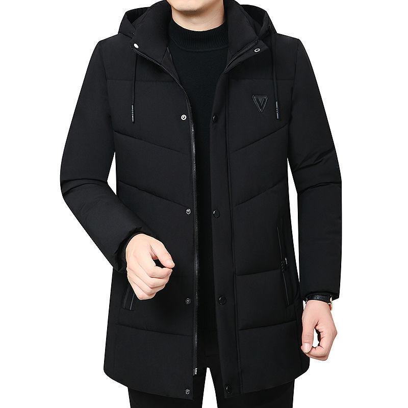 Black men's puffer winter coat, zip front, button placket, V-style collar