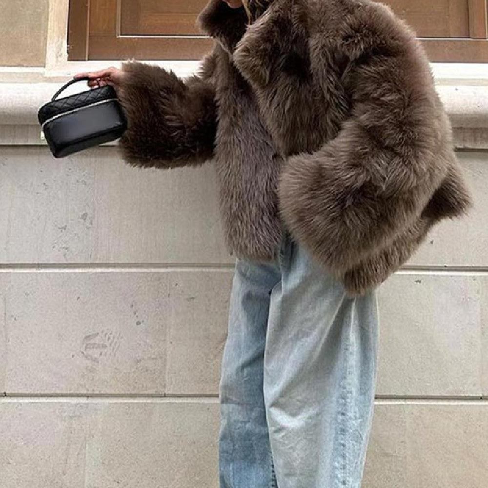 Plush fur coat with long sleeves, stand collar, open front, taupe-brown