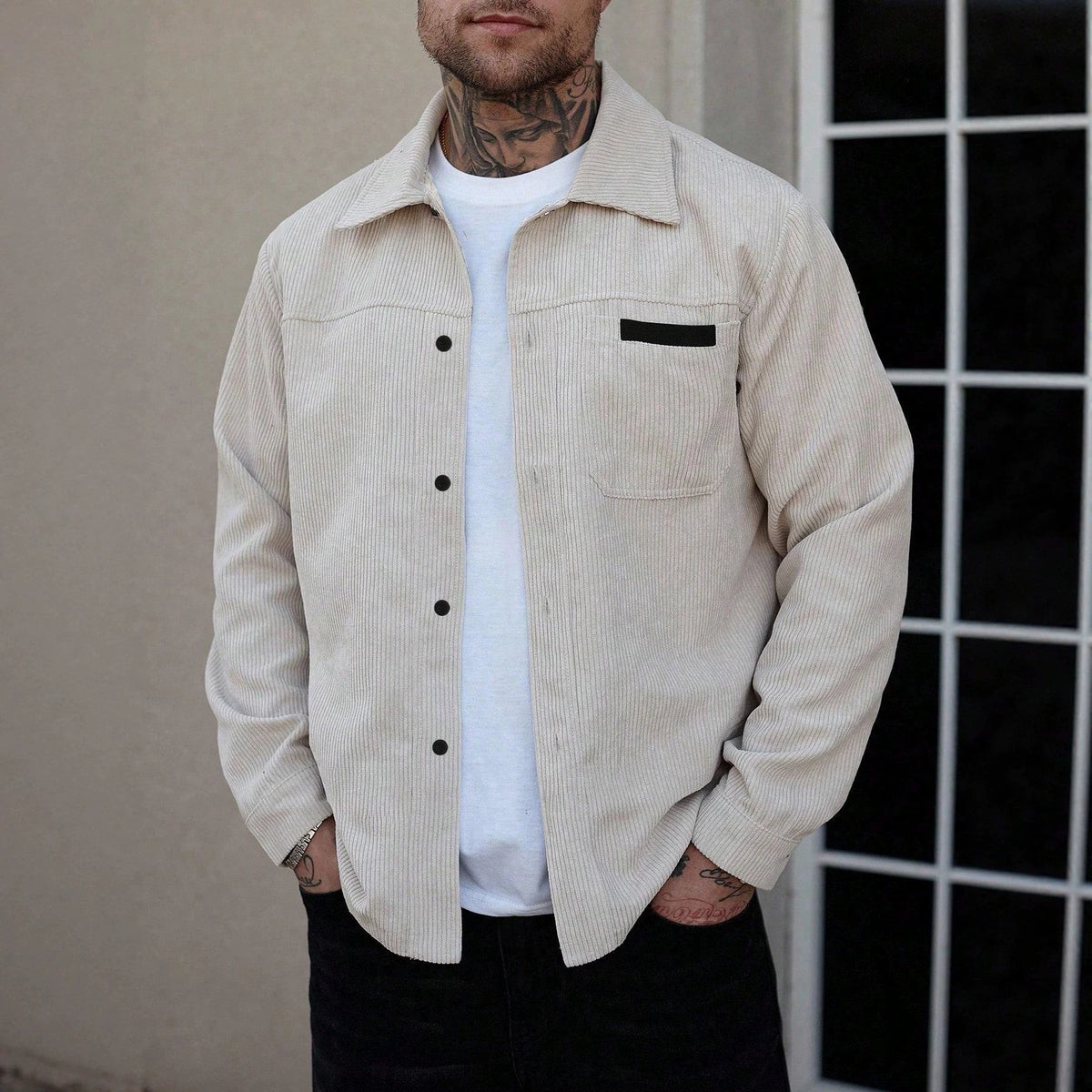 Men's apricot corduroy shirt jacket with chest pocket, snap-button front, long sleeves